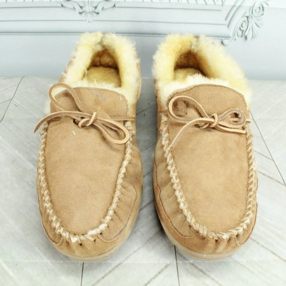 LL Bean Brown Suede Wicked Good Shearling Lined Moccasin Slippers Size 13 M - Picture 5 of 9